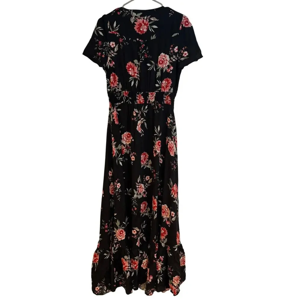 Rusttydustty Floral Boho Maxi Dress‎ Black Button Front XL Cottagecore Romantic - Picture 7 of 11